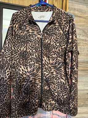 Style & Co. Brown and Black Animal Print Zip-Front Top